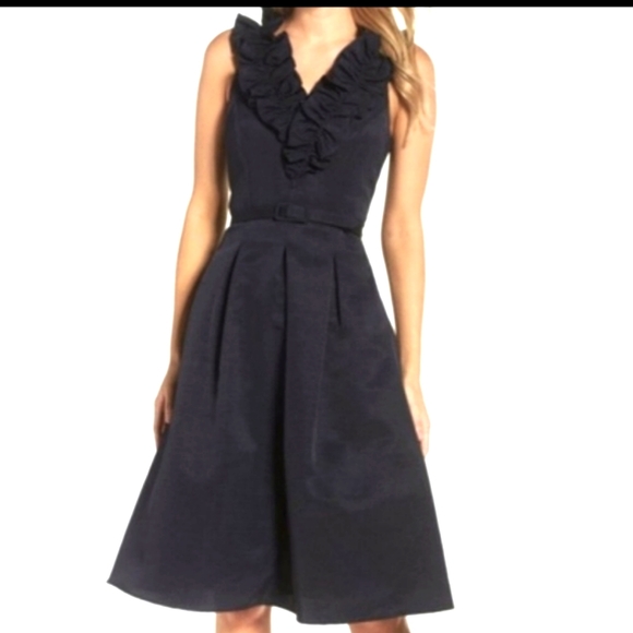 Eliza J ruffled V neck fit and flare midi dress sleeveless blue black - Picture 1 of 14